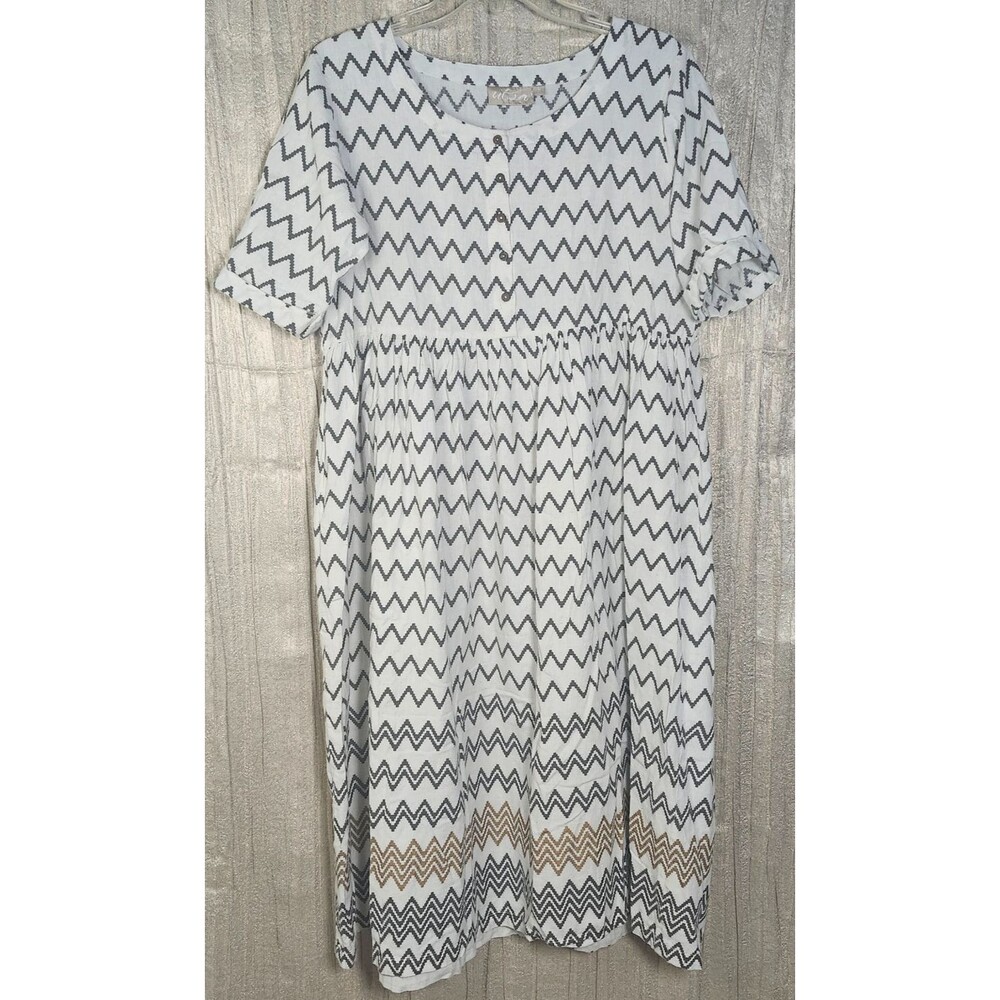 Utsa Linen White Brown Gray Chevron Artisan Geometric Dress Large Lagenlook
